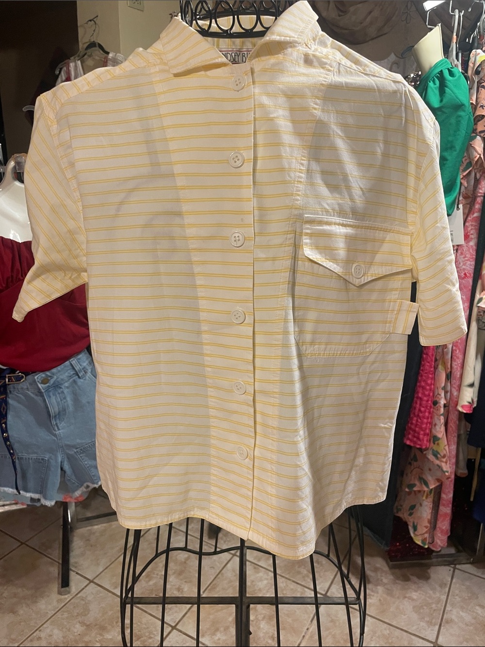 Short Sleeve Button-Up Top in Yellow Stripe